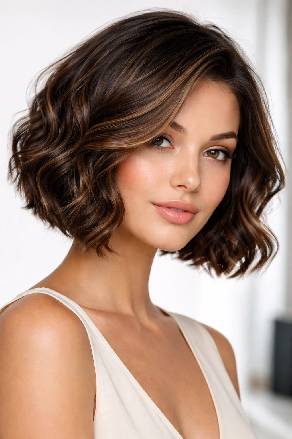 Portrait of a person with a polished, voluminous wavy bob