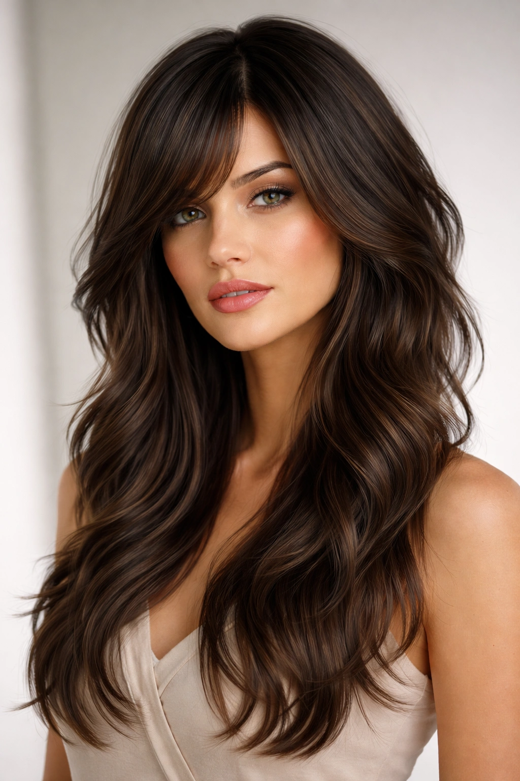 Sleek wavy wolf cut with side-swept bangs on a model