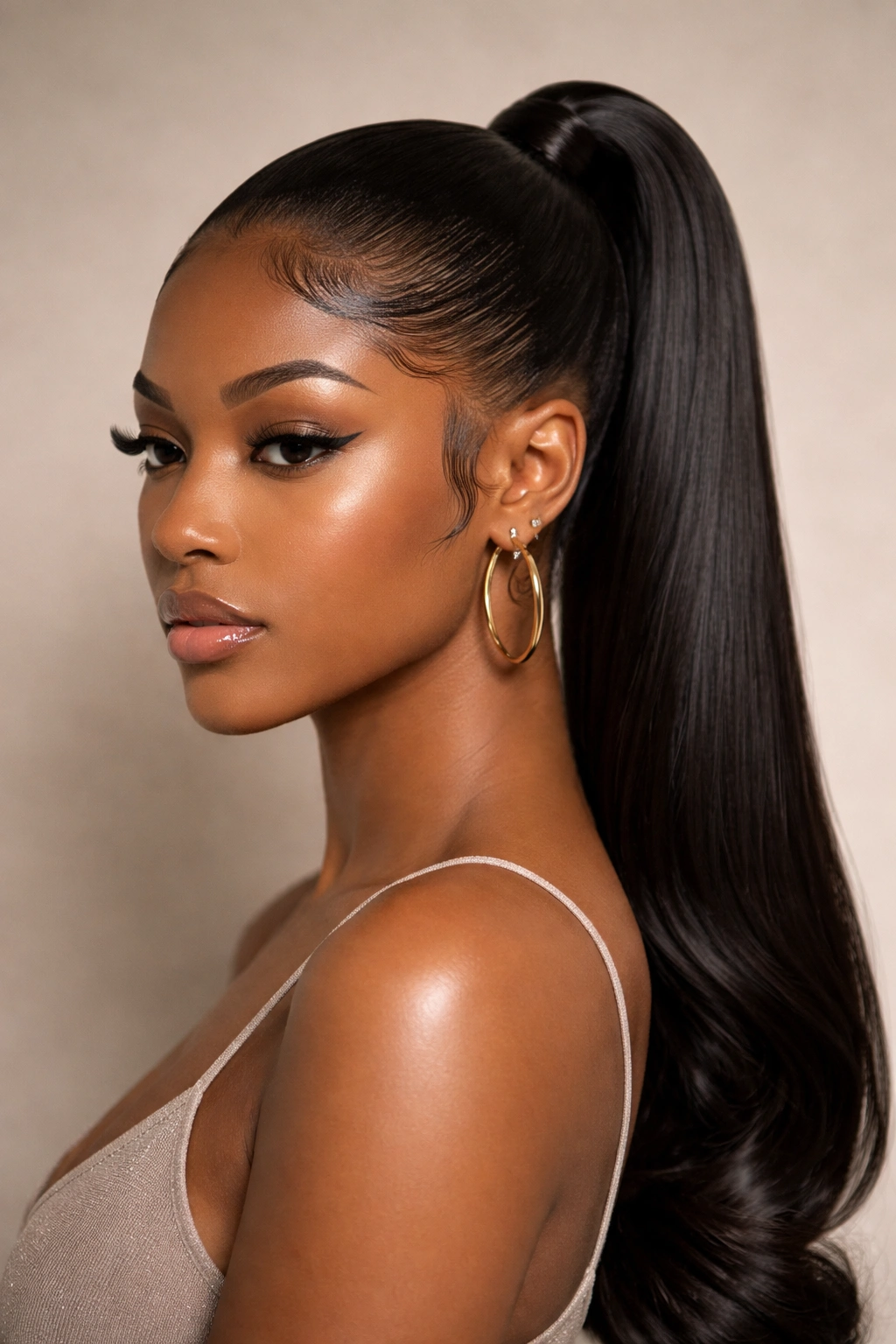 Sleek ponytail with curved edges around hairline and temples in studio lighting