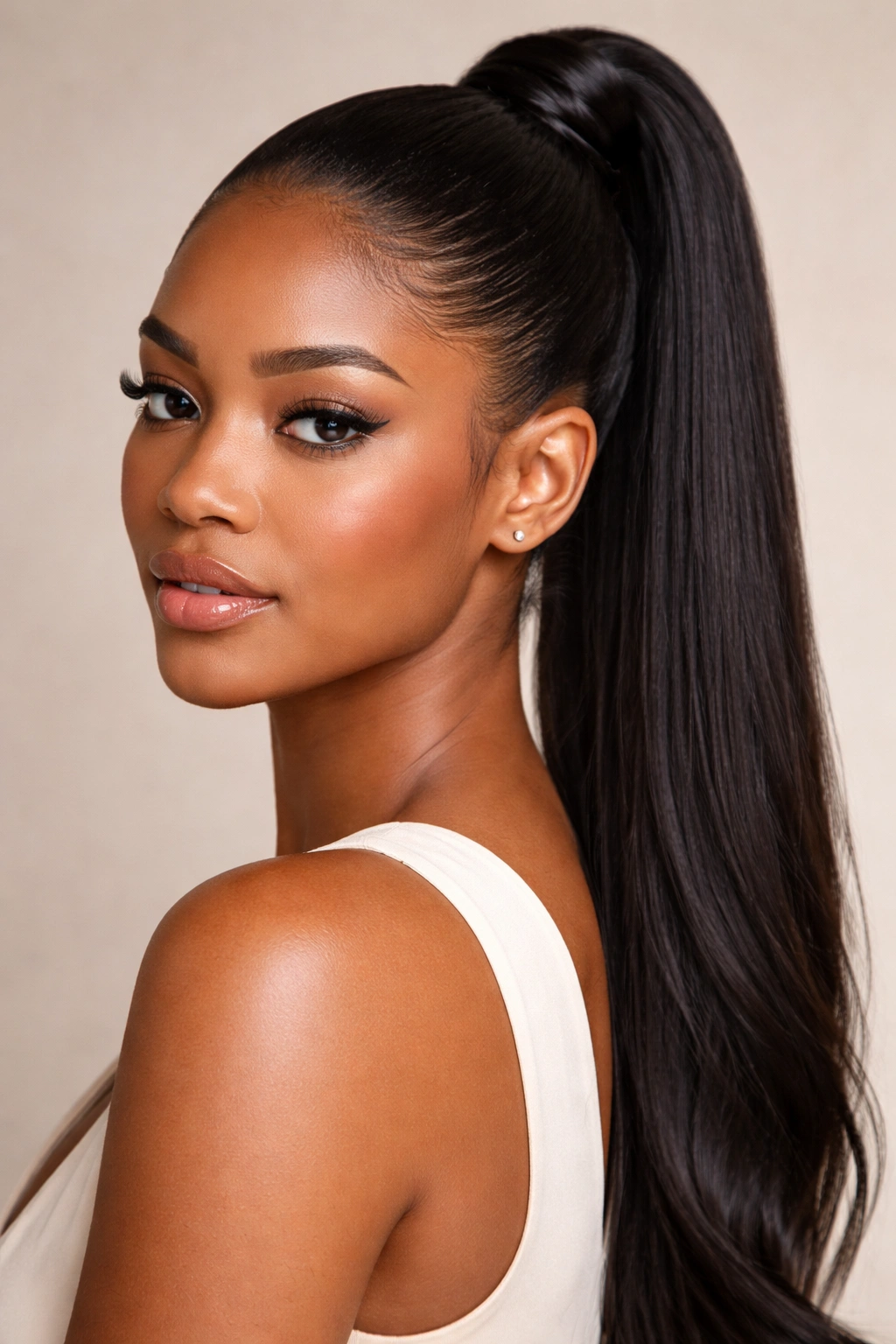 Ponytail with twisted accent detail wrapping around the elastic in studio lighting