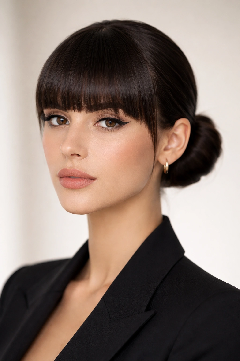 Sleek low bun with blunt bangs and smooth finish