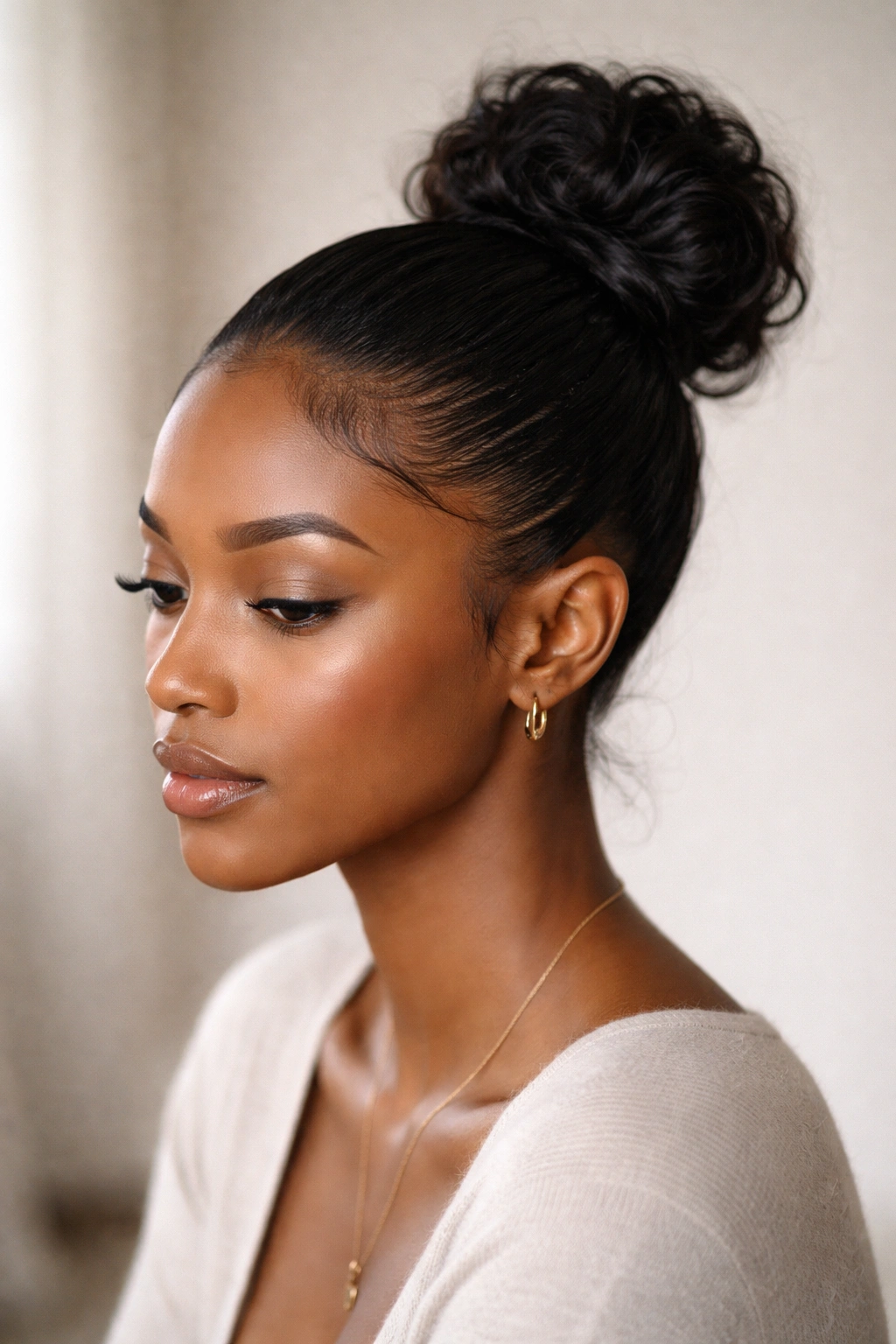 Contemplative portrait of a Black woman with a slicked-back bun and smooth edges.