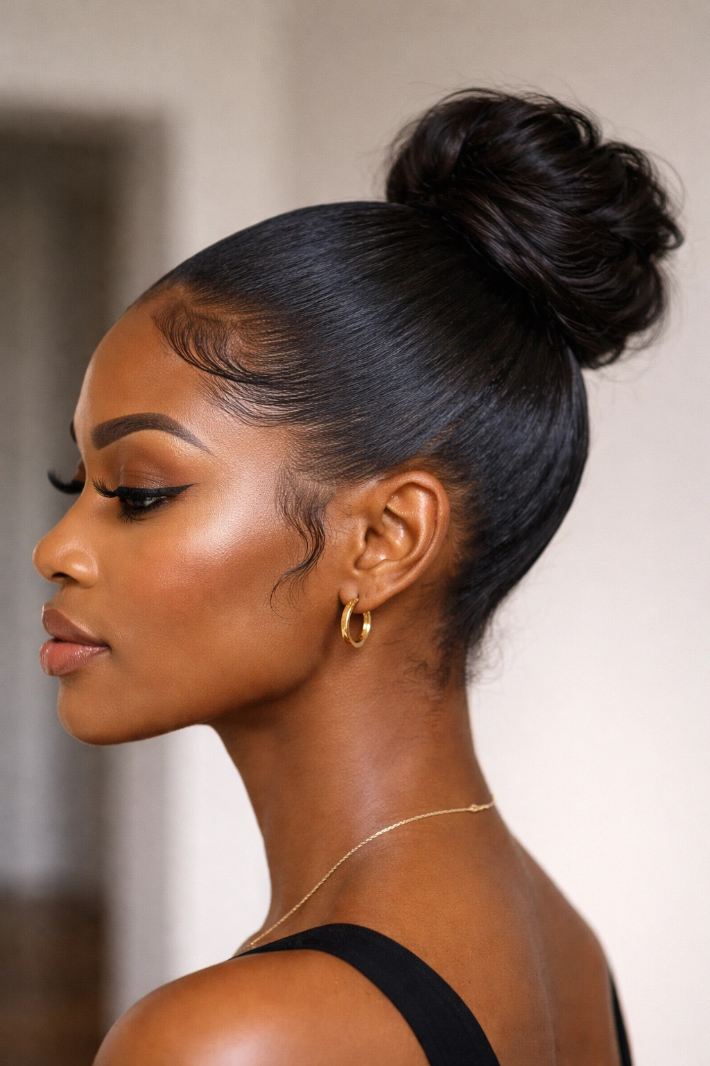 Close-up of a Black woman with a slicked-back bun and defined edges under studio lighting.