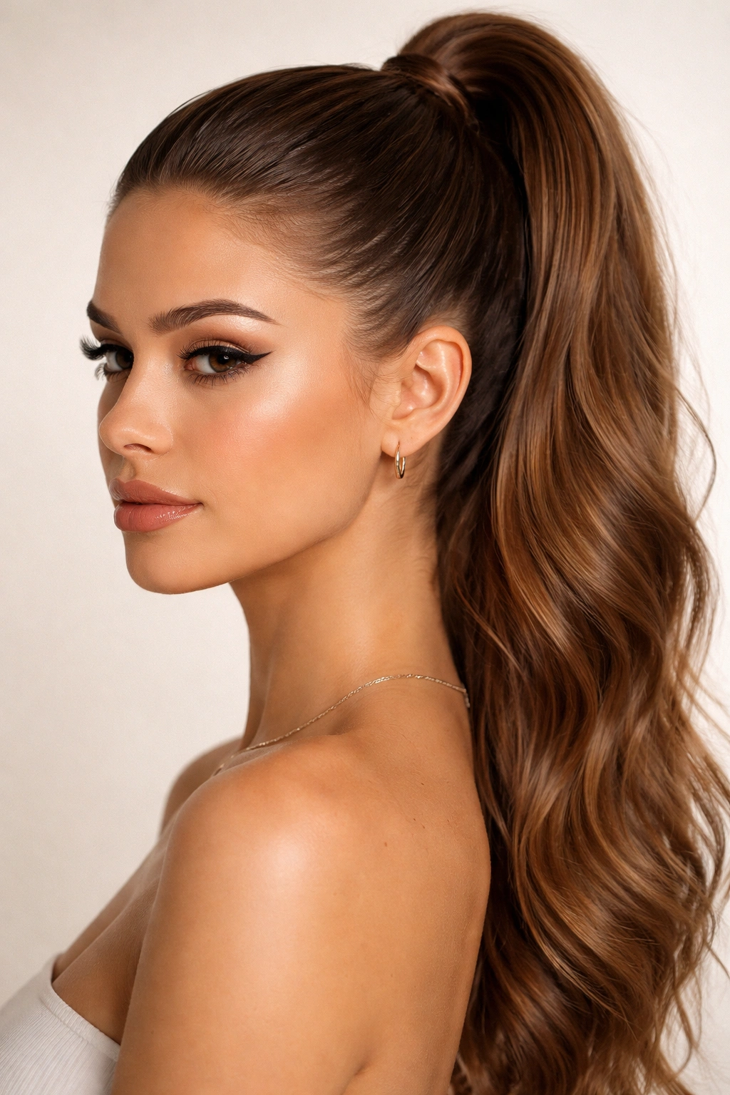 Slick high ponytail with smooth base and glossy finish