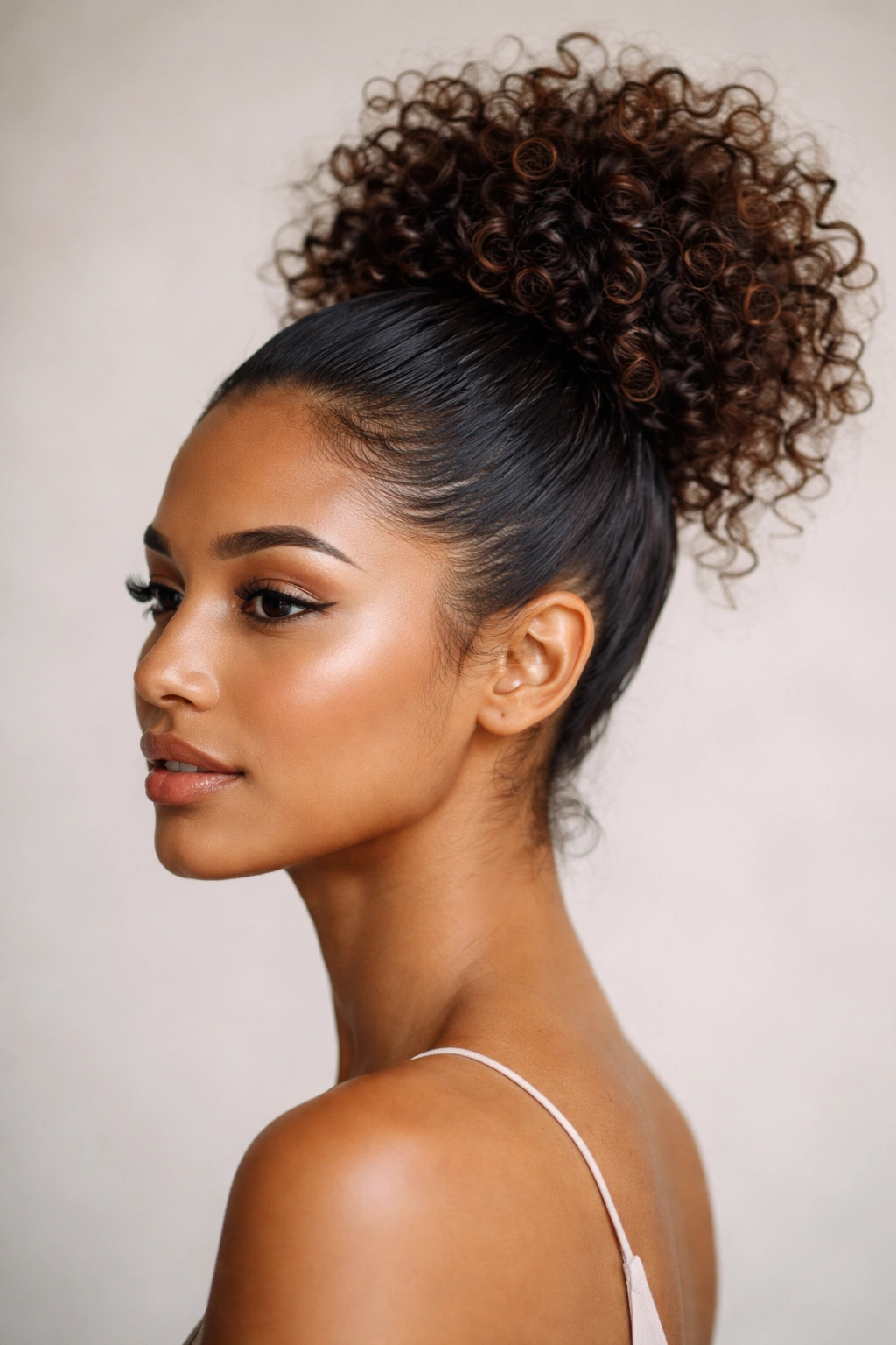 Profile view of slicked-back high bun with escaping curls