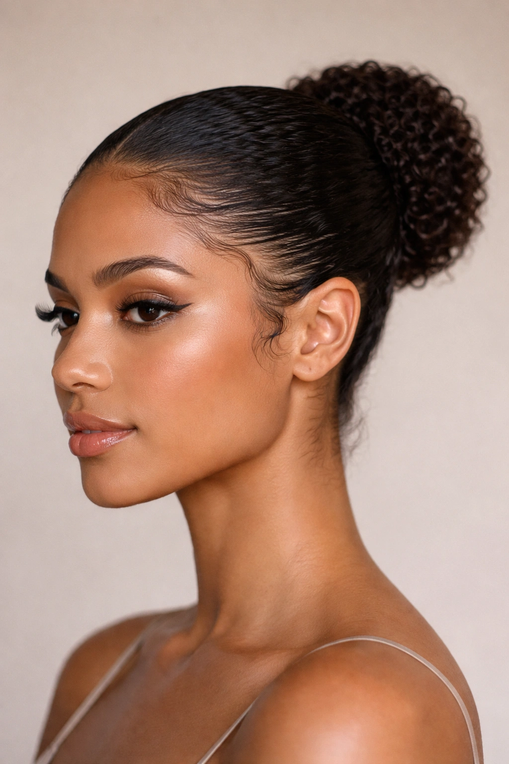 Close-up of curly hair styled into a sleek bun with smooth edges.
