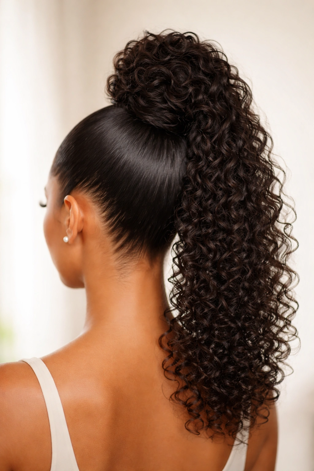 Back view of slicked-back hairstyle with high bun and curly weave ponytail
