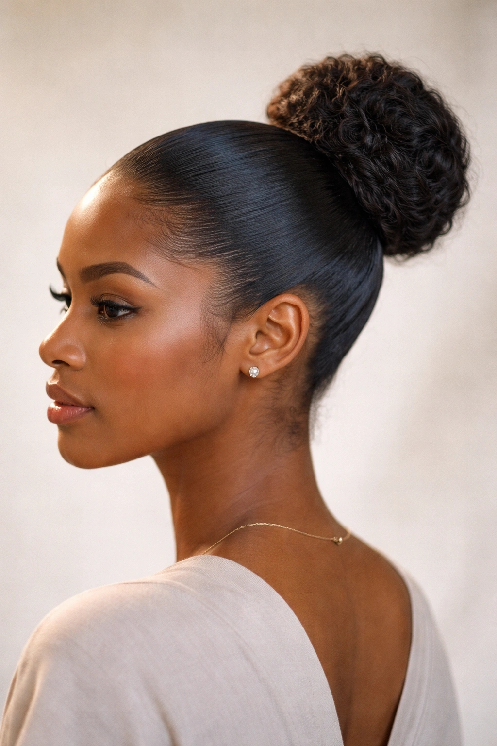 Slicked-back bun with textured, voluminous base on natural hair