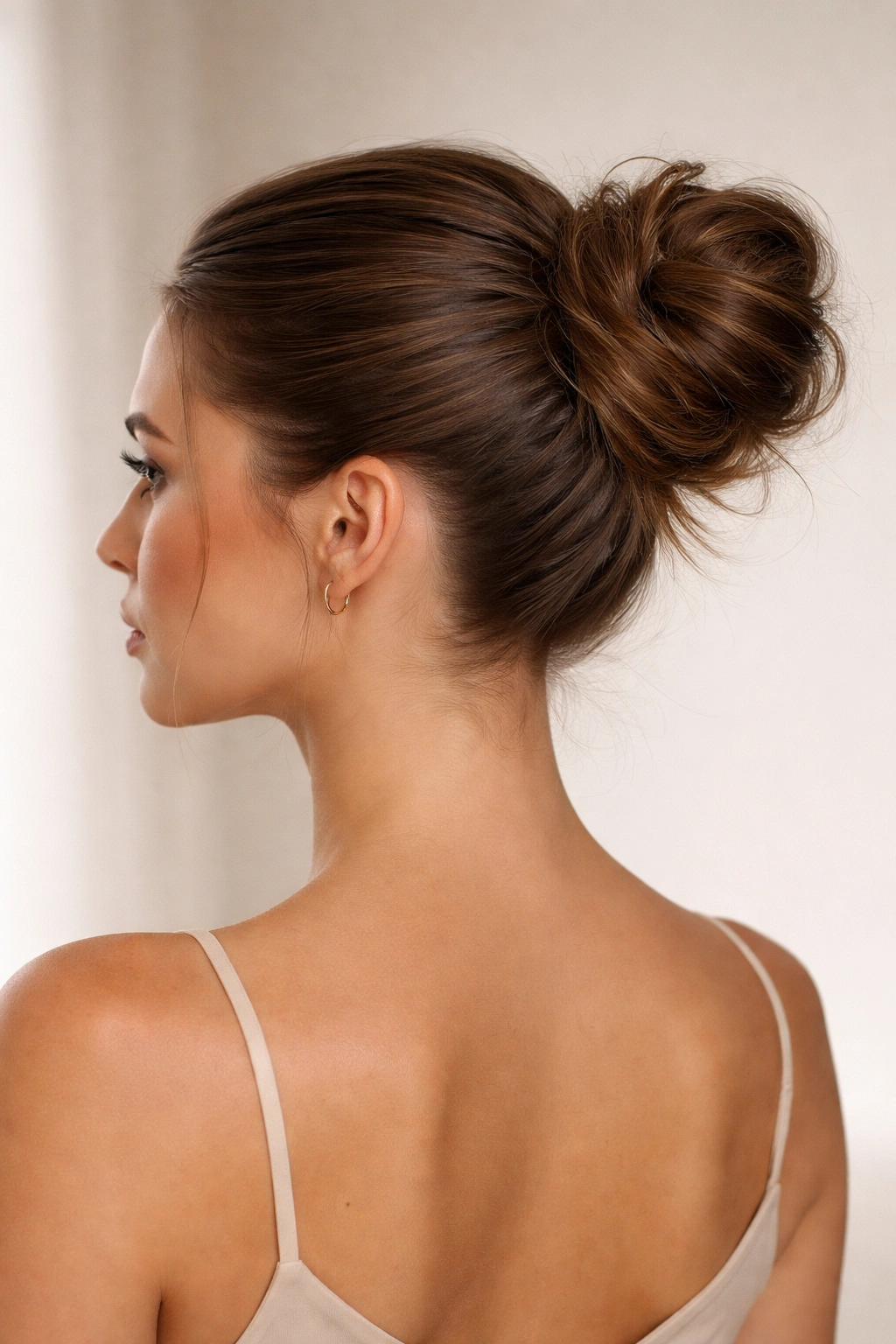 Polished slicked-back bun on model, balance of smooth base and texture
