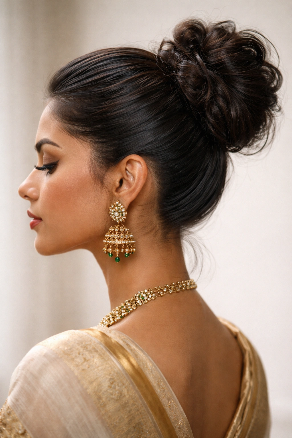 Profile view of a slicked-back bun with textured crown