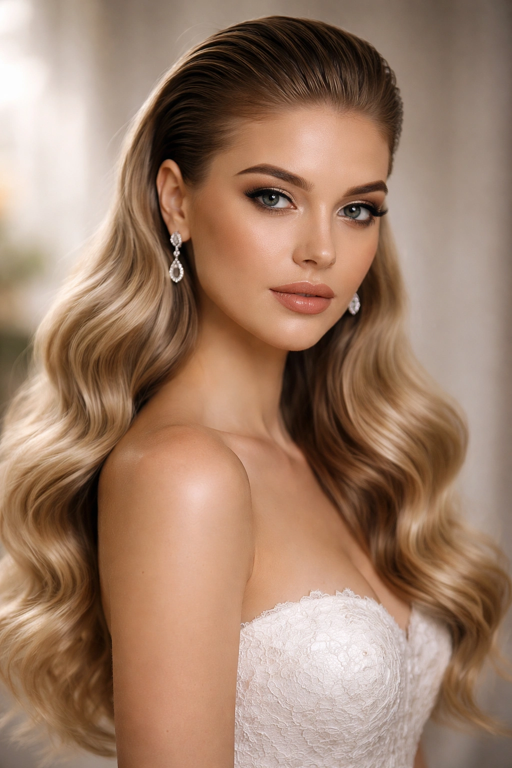 Slicked-back crown with waves below for a modern bridal look.