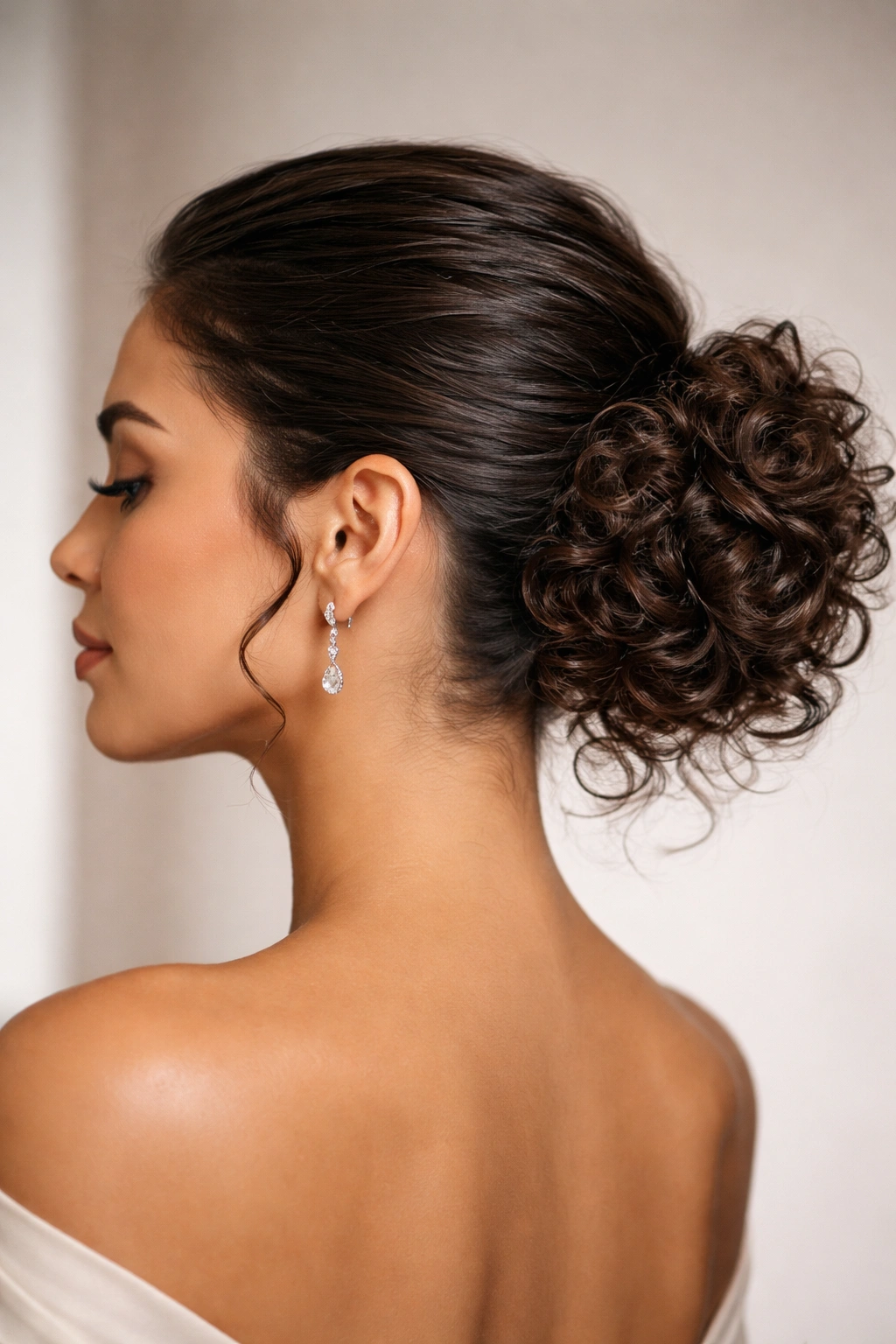 Close-up profile of slicked-back curly bun with movement showing glossy base and clustered curls at the back