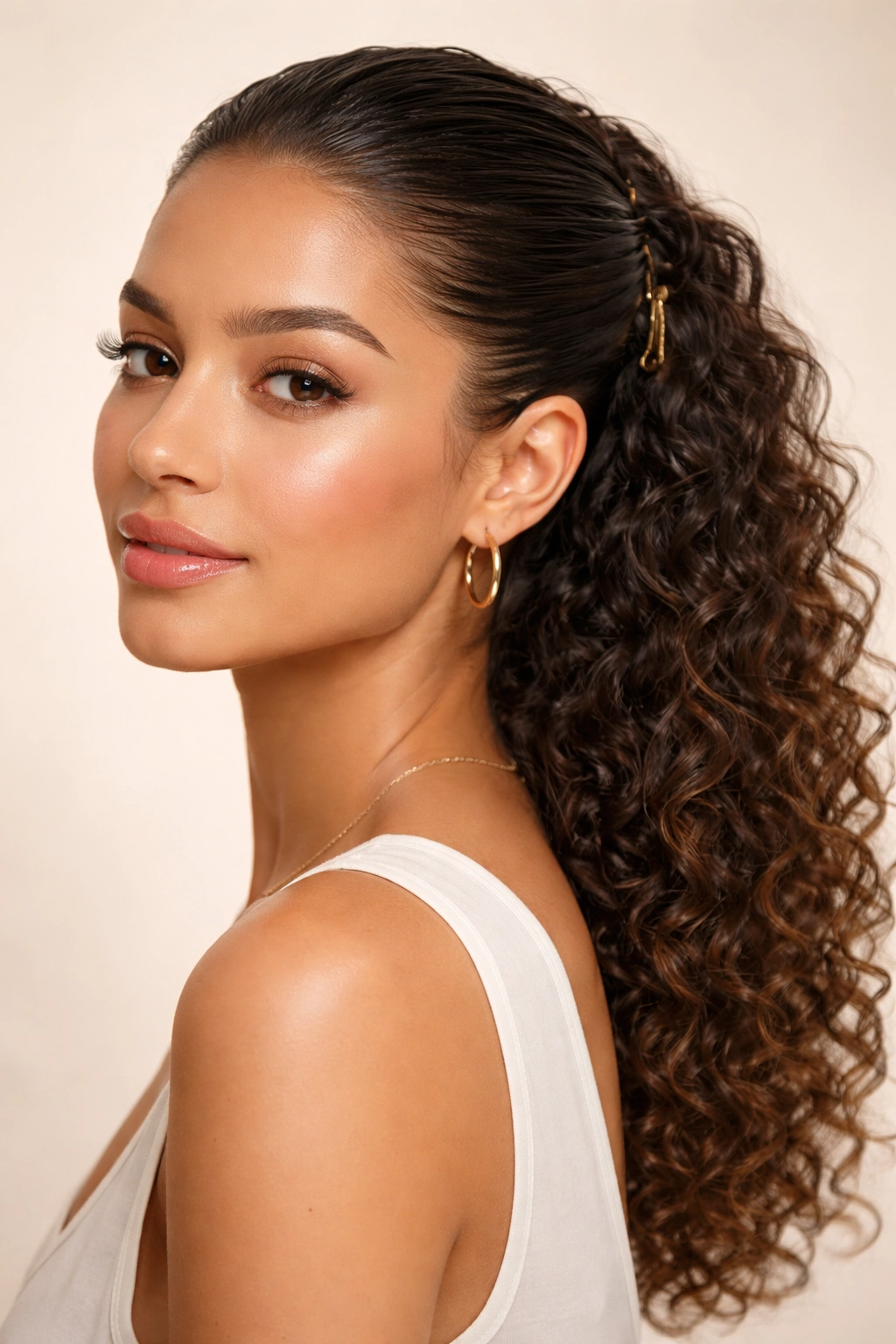 Slicked-back curls with back clip