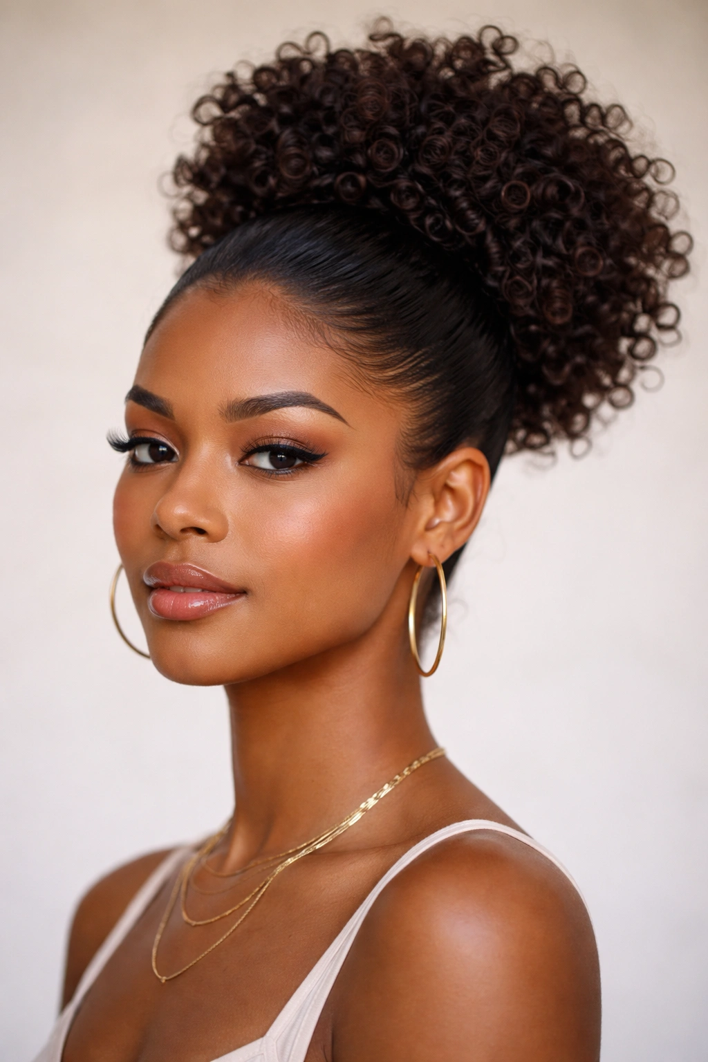 Portrait of a person with slicked-back curls forming a high crown puff.
