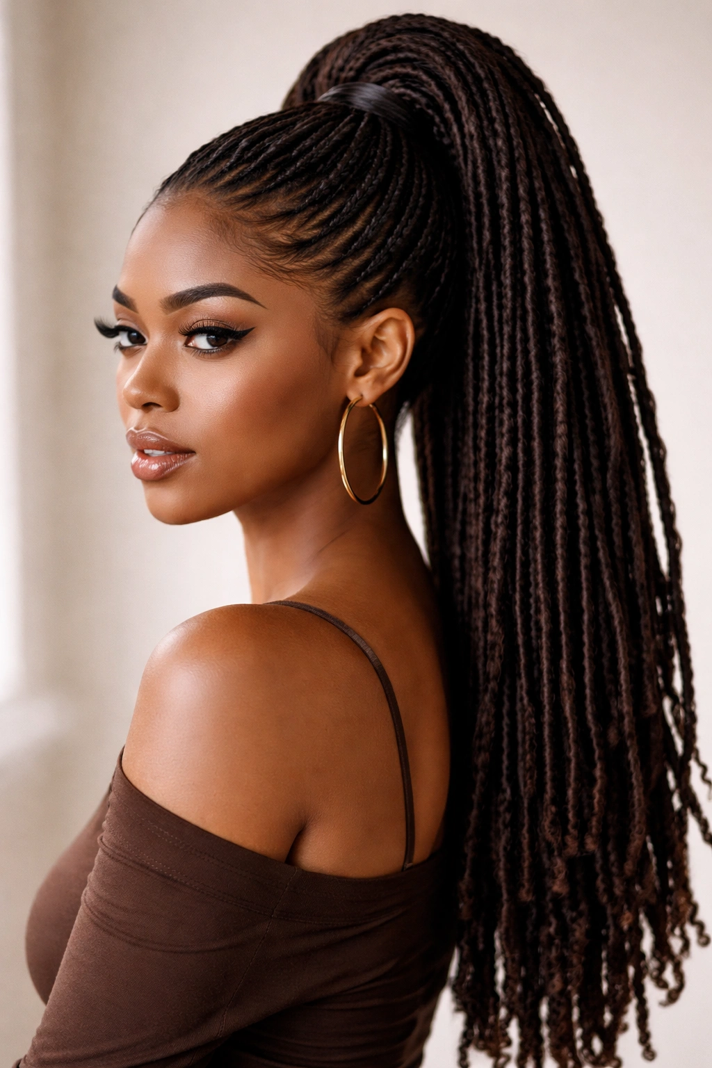 Front view of slicked back high pony with glossy locs