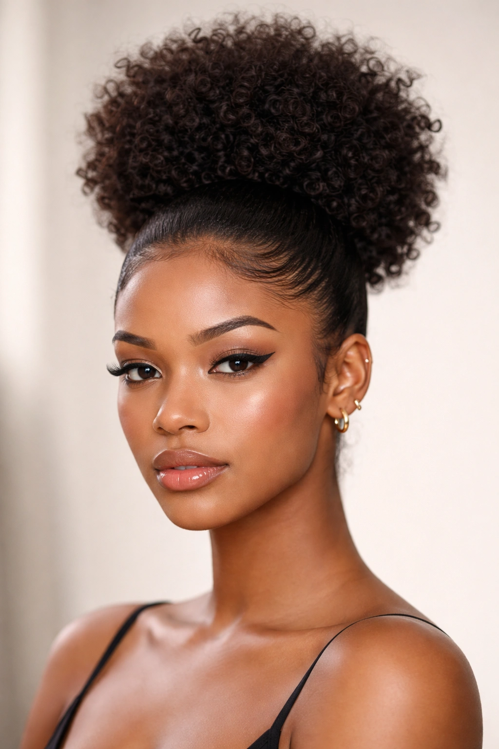 Front view of a curly hairstyle with a slicked-back edges and high puff