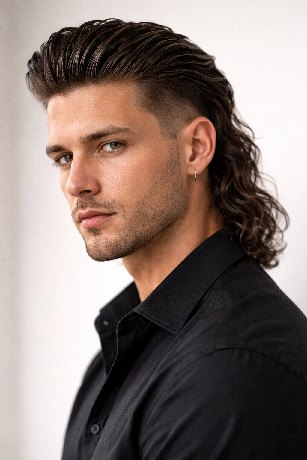 Slicked-back wavy mullet hairstyle with glossy finish