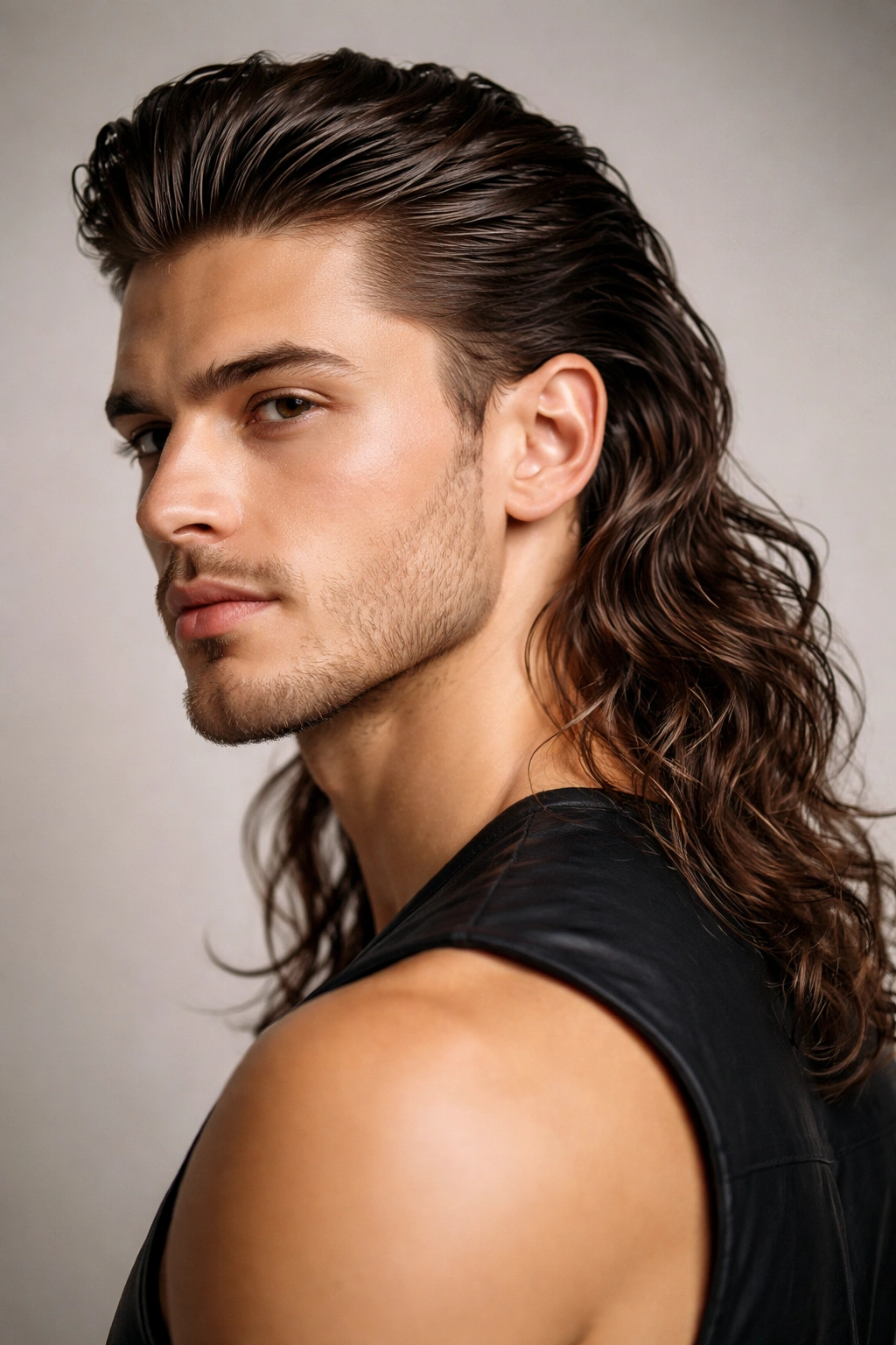 Close-up portrait showing a slicked-front with long, wavy back on a model