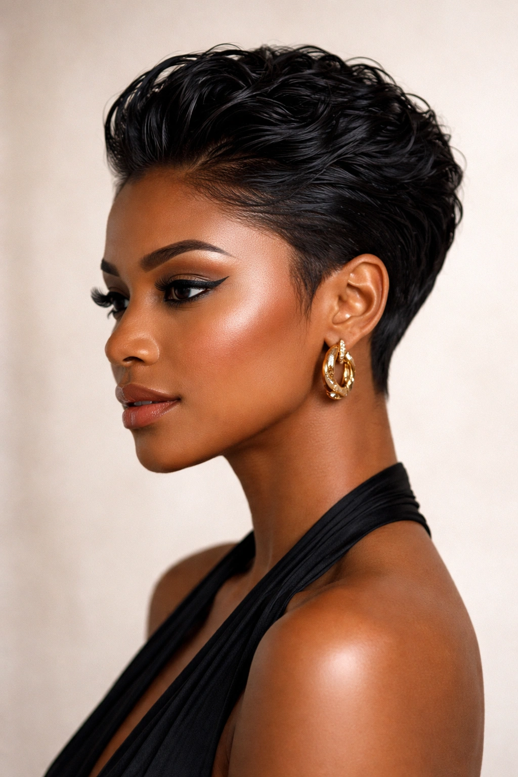 Slicked-back wavy pixie with glossy roots and crown waves.