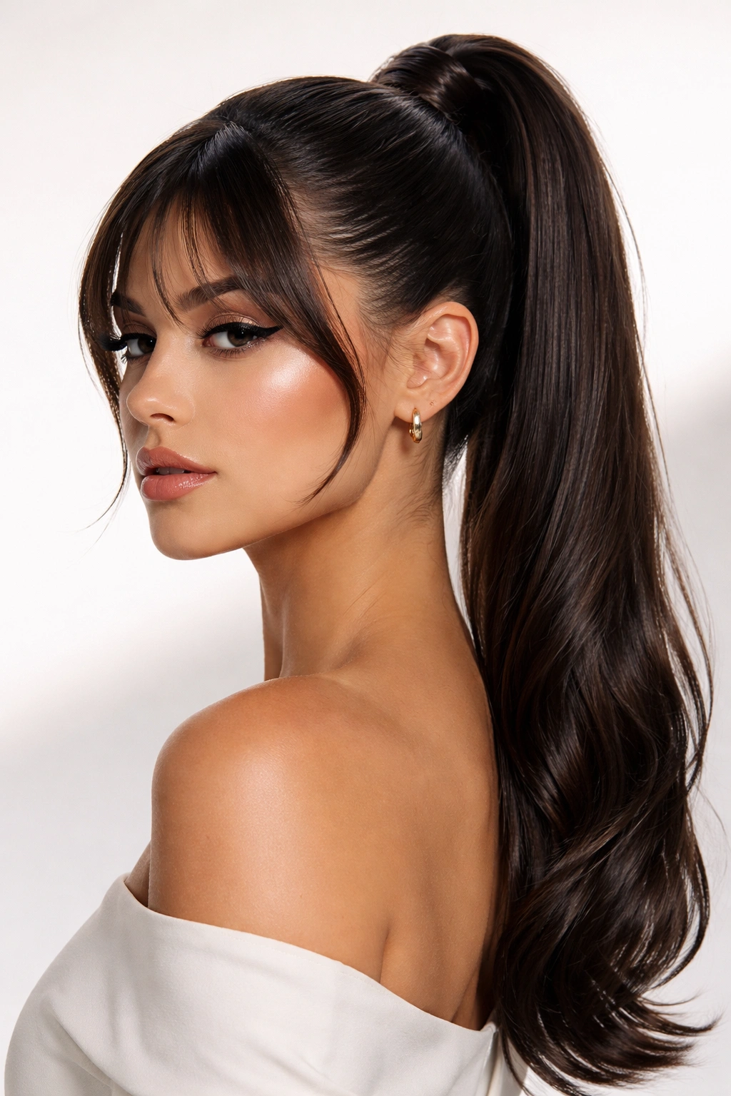 Slicked-back high ponytail with edge control and forward curtain bangs.