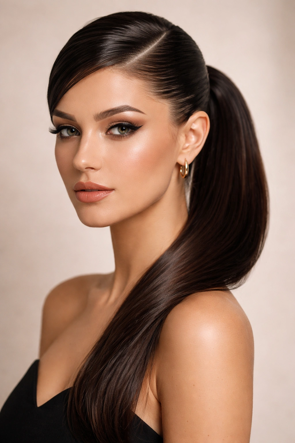Slicked-back side ponytail with gel finish and high shine