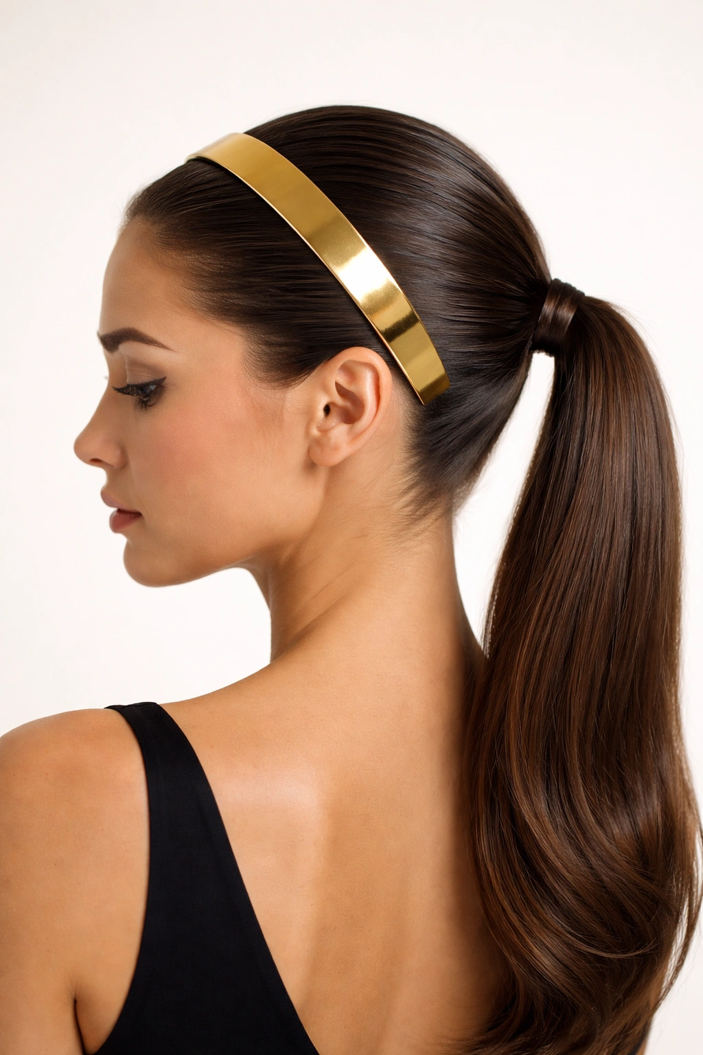 Sleek slicked-back ponytail with gold headband, polished finish