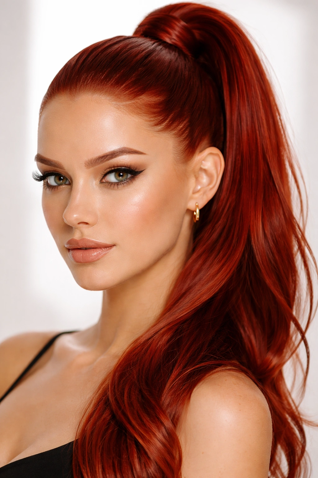 Frontal close-up of a slicked-back high ponytail with glossy hair