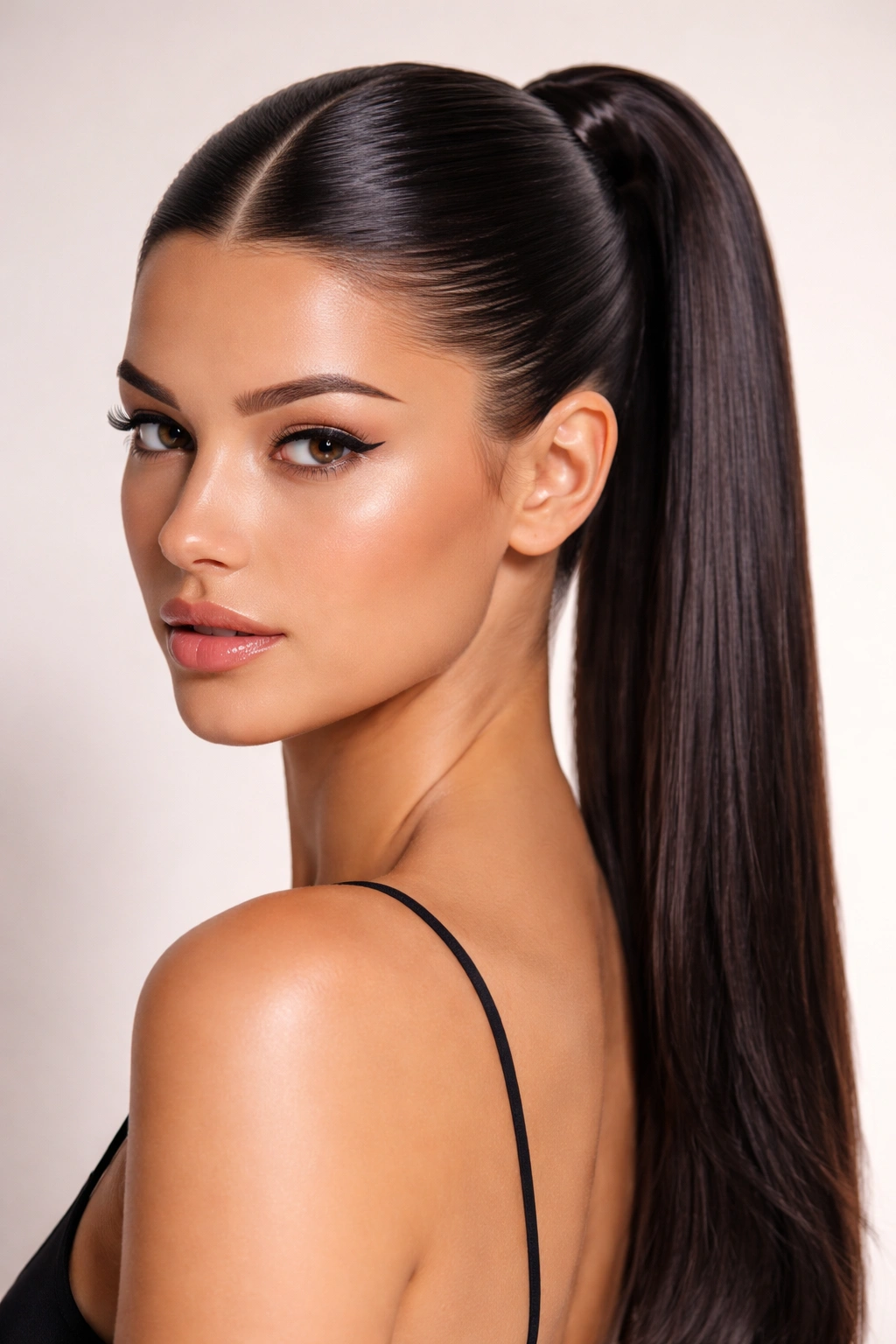 Close-up of a slicked-back graphic ponytail with a crisp middle part and high shine