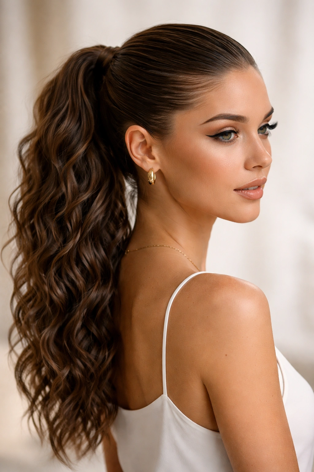 Slicked-back ponytail with defined wave texture along length