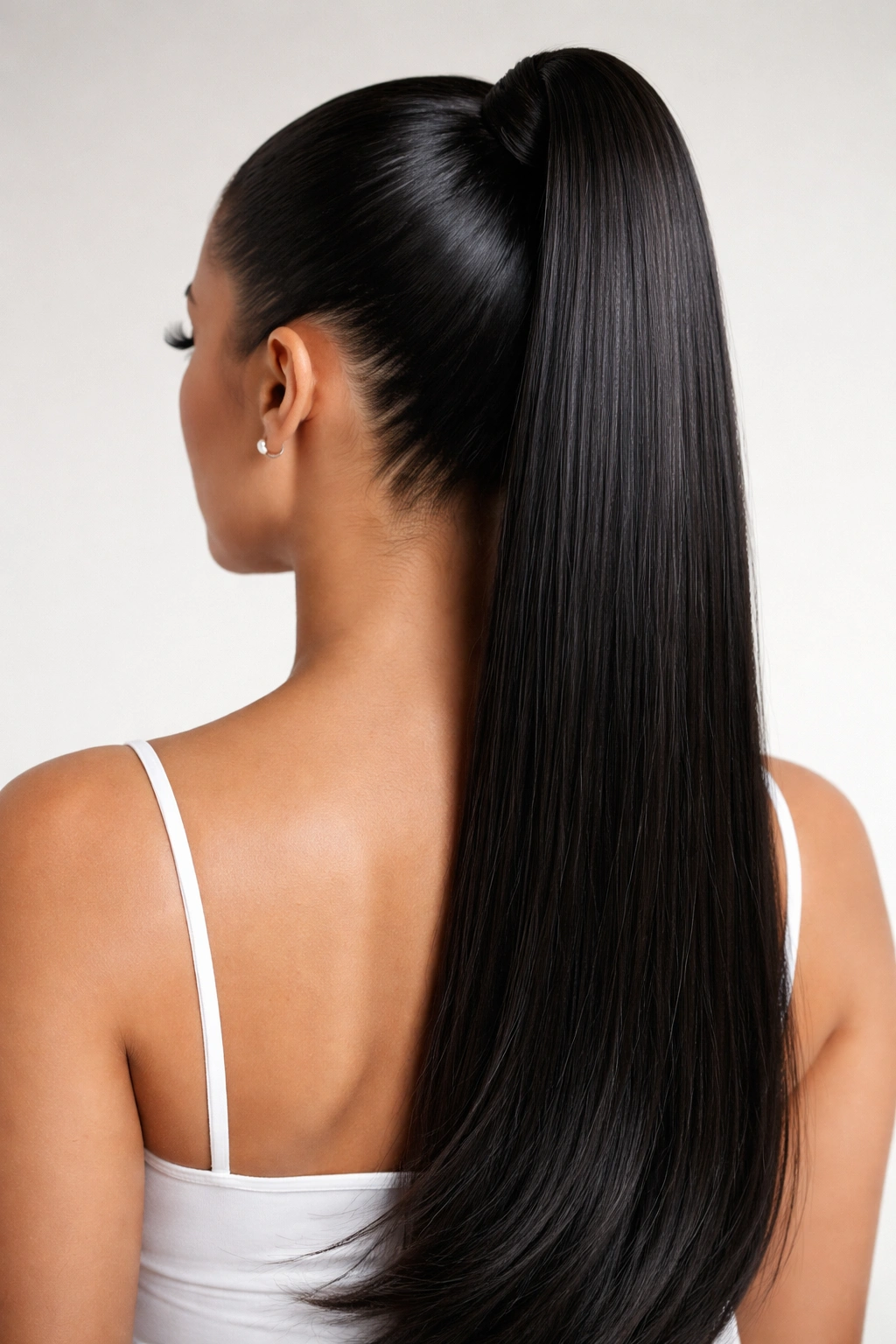 Back view of a slicked-back high ponytail with glossy weave along the hairline