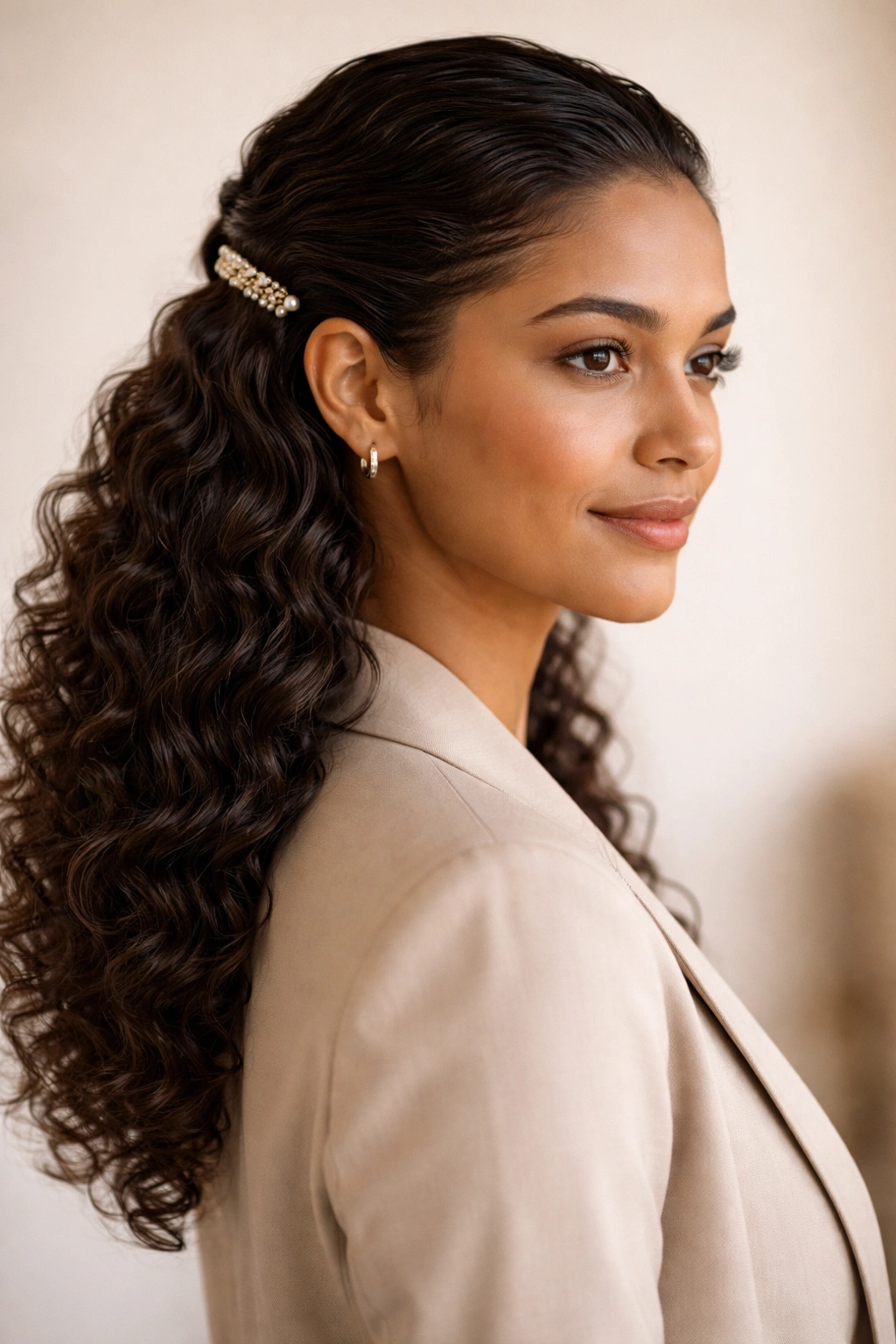 Slicked-back waves with a subtle hair accessory for a professional look