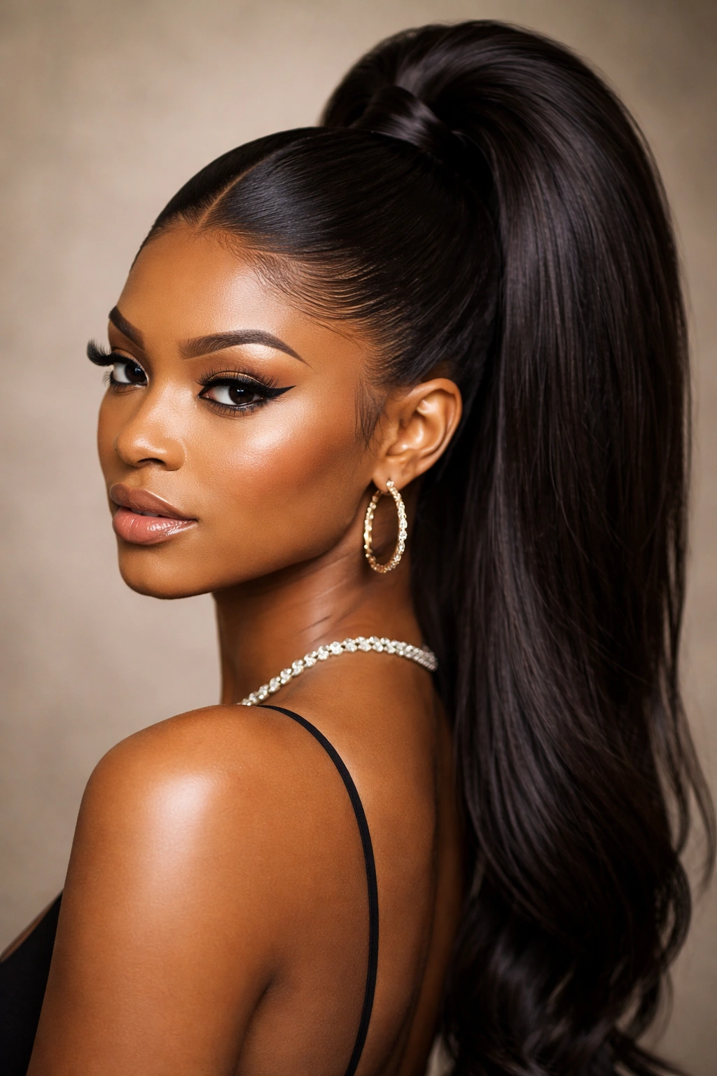 Slicked middle part ponytail with crown volume