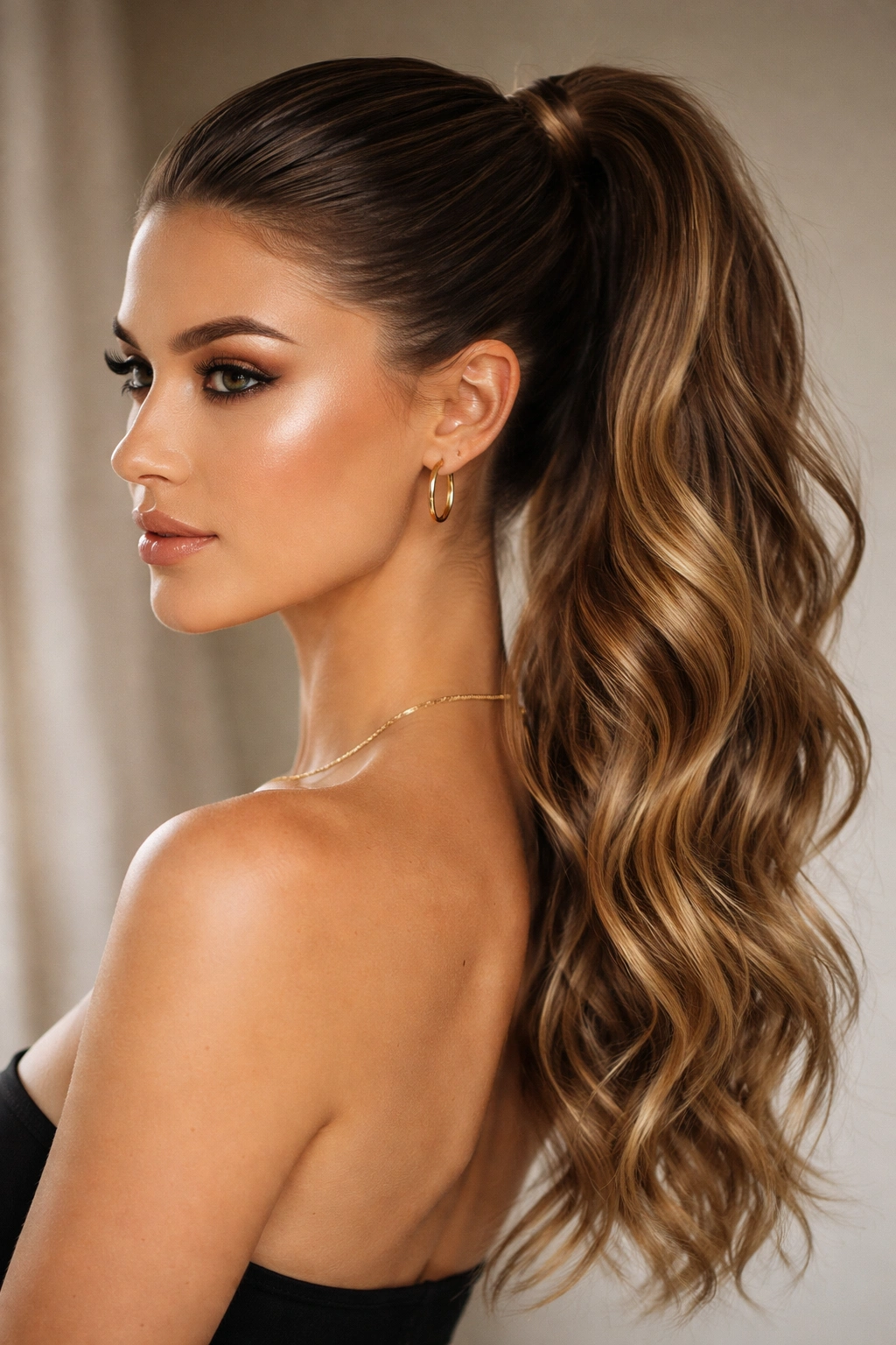 Slicked crown and sides with a textured wavy ponytail