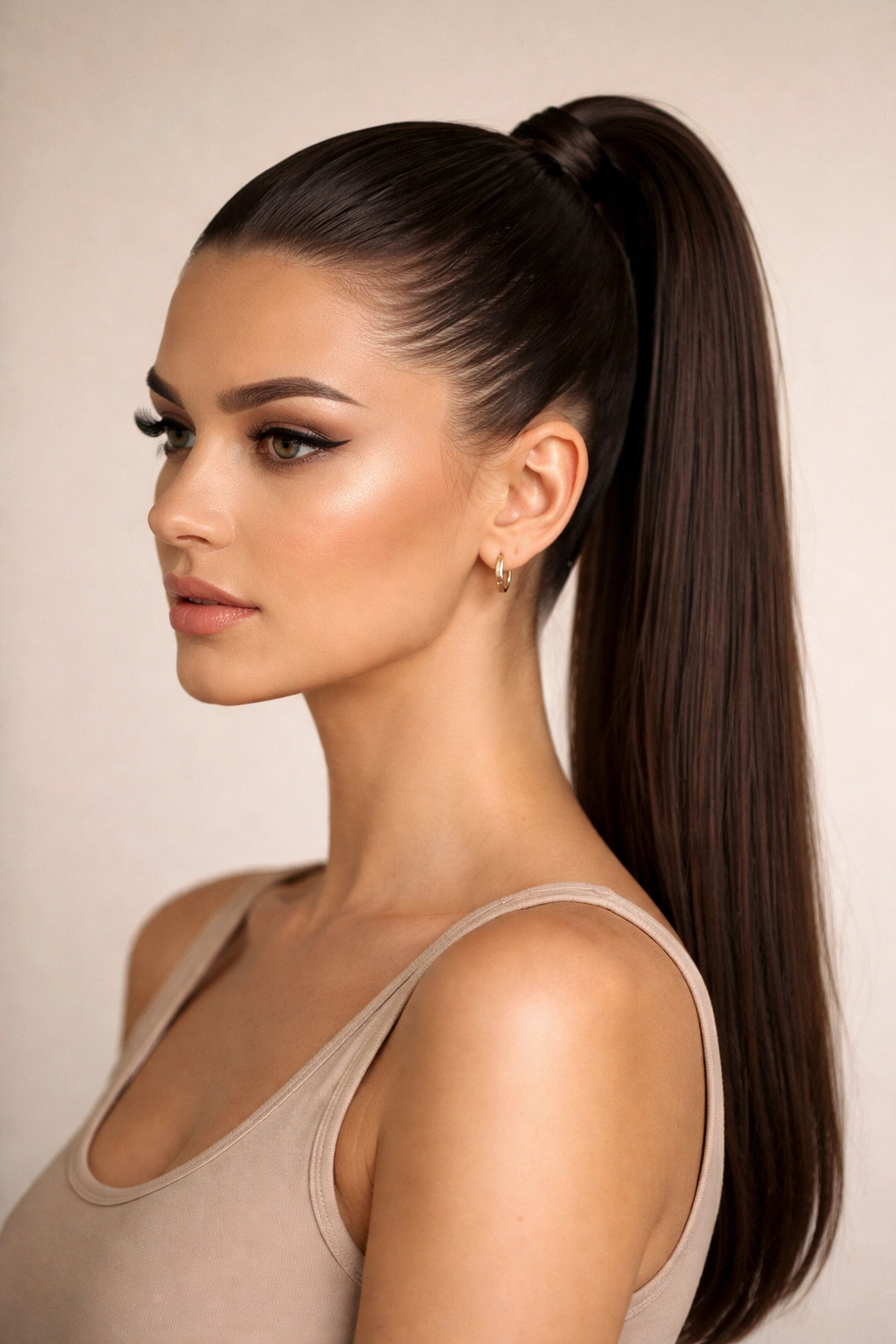 Close-up of a glossy slicked-back high ponytail with clean lines.