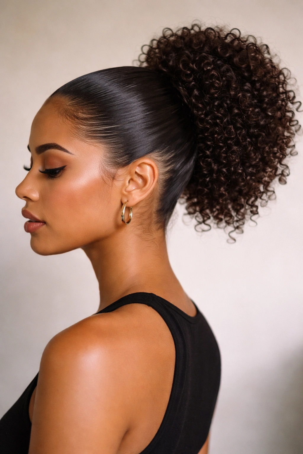 Slicked-top ponytail with a high curly puff at the back