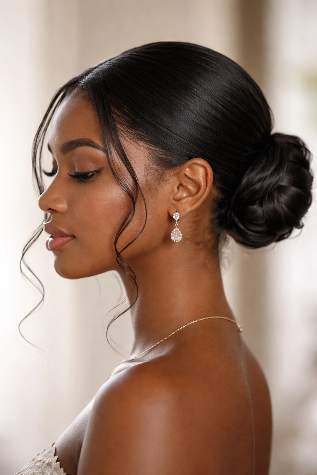 Sleek low bun with delicate tendrils framing the face.