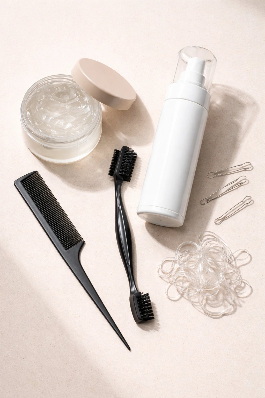 Flat lay of smoothing products and tools for slick back messy buns on a neutral background