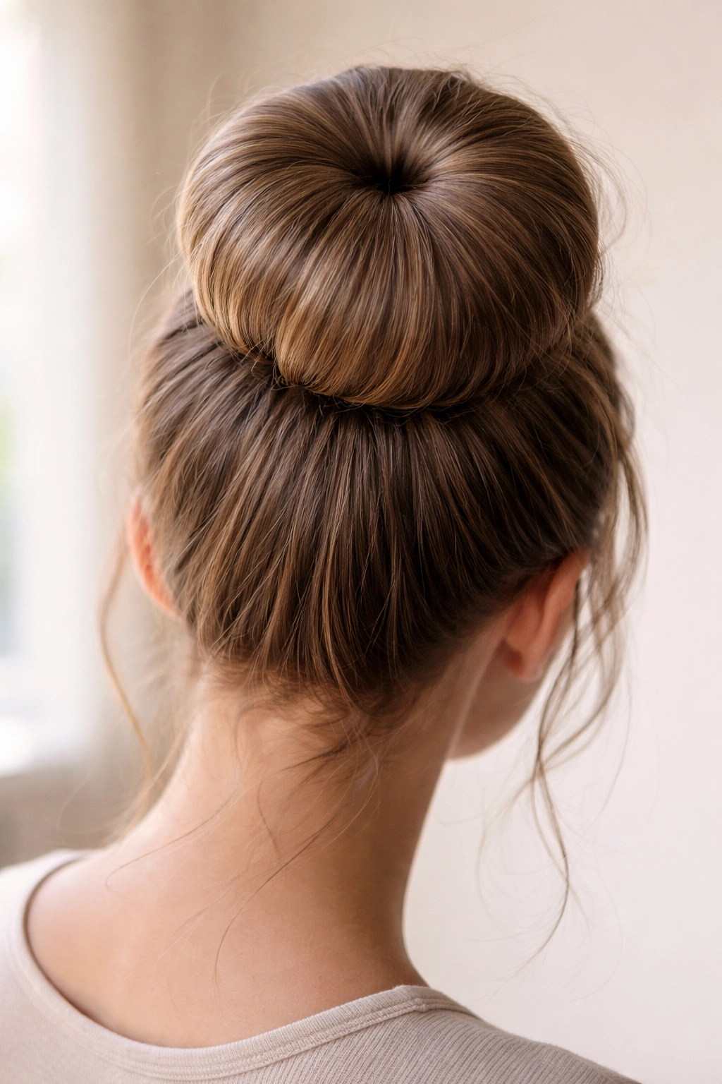 Sock bun formed around a donut-shaped foundation creating a smooth rounded bun