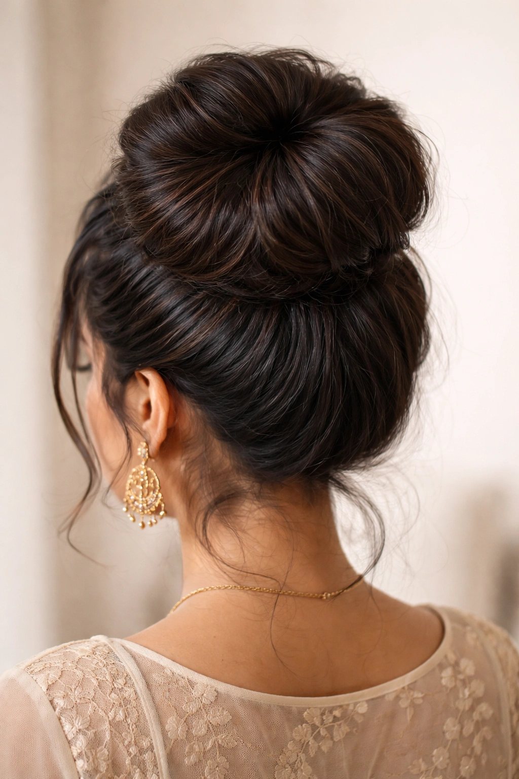 Back view of a textured sock bun displaying a full rounded shape