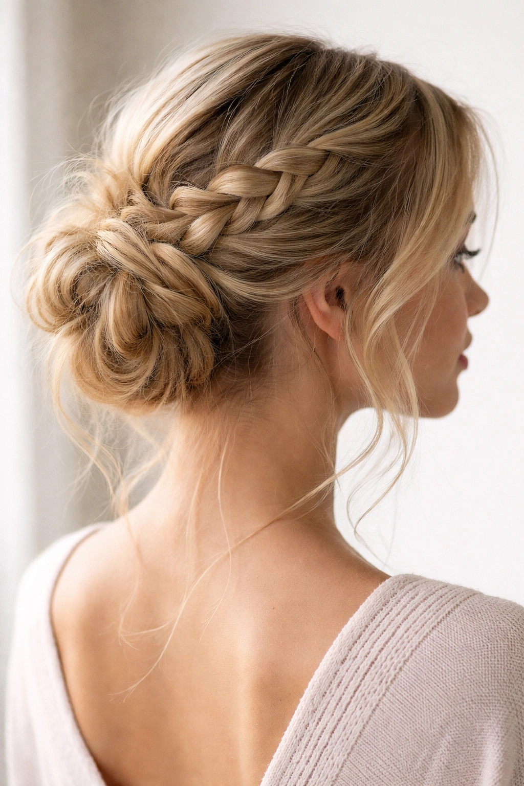 Close-up of a blonde with a soft braided messy bun and face-framing strands