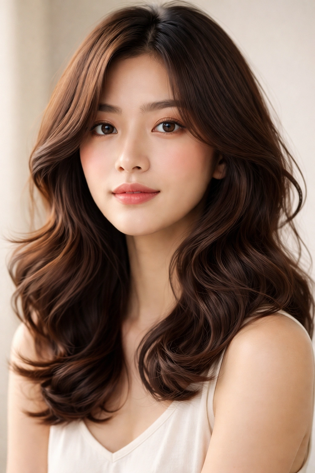 Close-up of a model with soft cloud perm waves framing the face, medium-length hair.