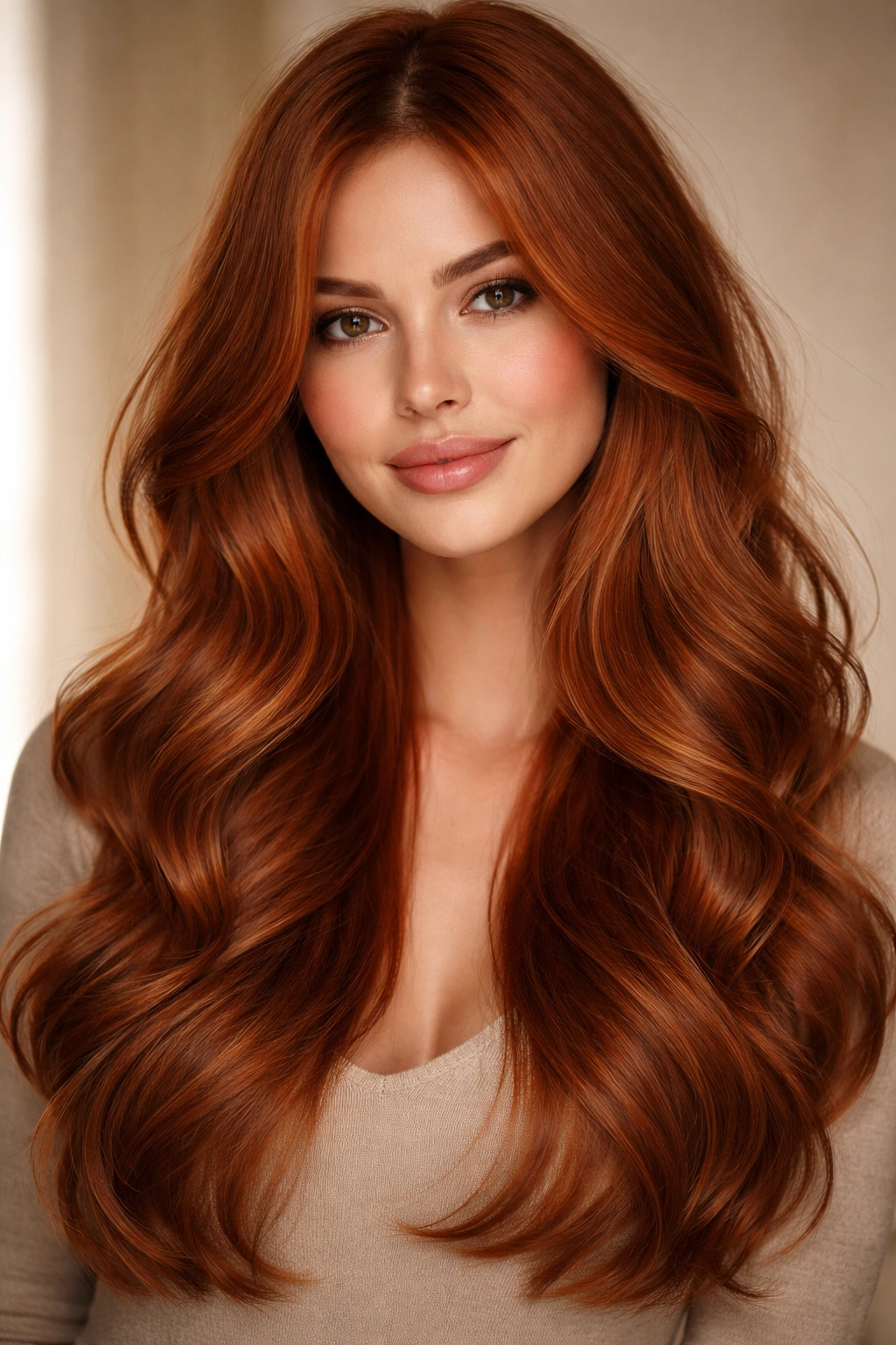 Soft copper hair with face-framing layers and gentle waves