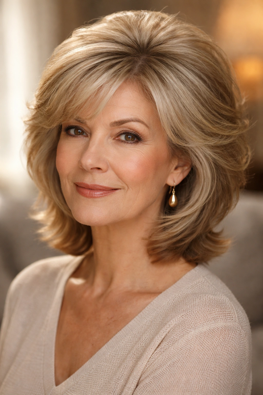 Mature woman with soft crown volume and layered sides for fullness