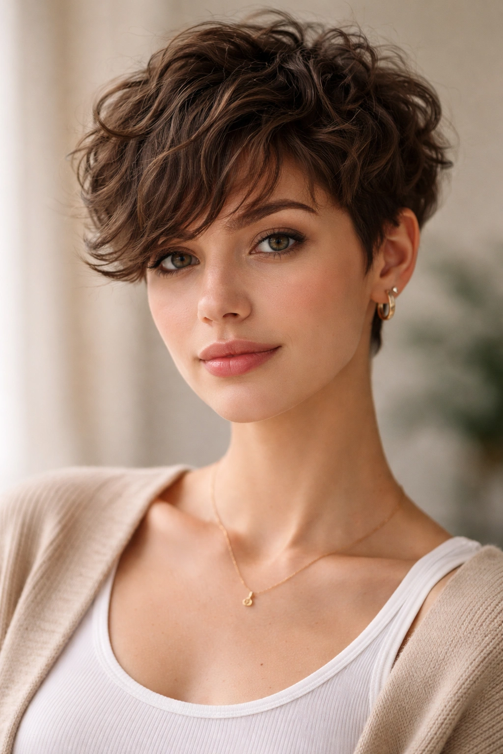 Front view of a soft curl pixie with long bangs framing the face.
