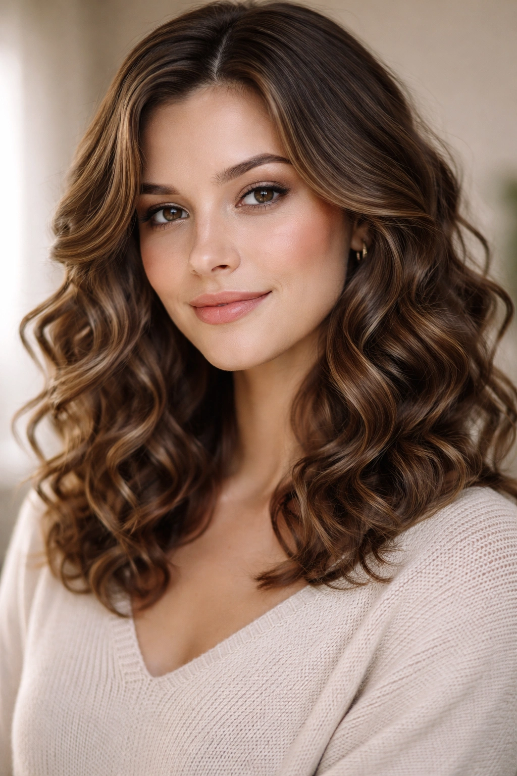 Romantic curled waves with soft styling on medium curly hair