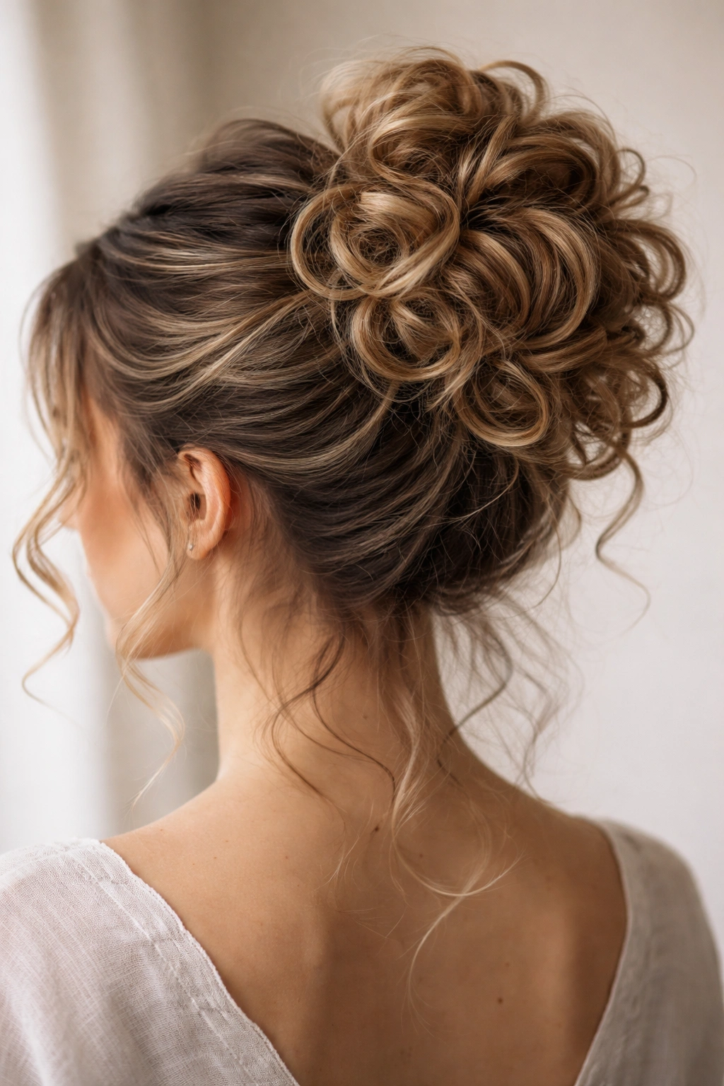 Close-up of a soft, bouncy curl bun with voluminous curls and relaxed shape