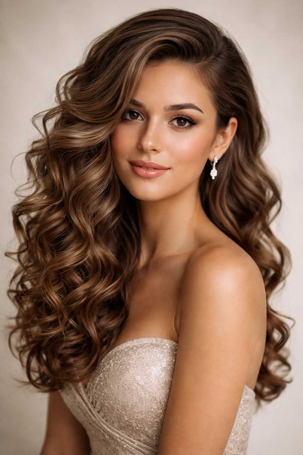 Softly swept side curls framing the face with side volume and gentle cascade