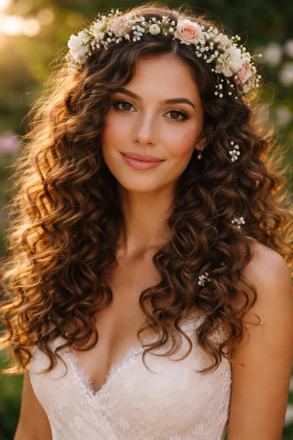 Soft curly waves with floral crown and pins