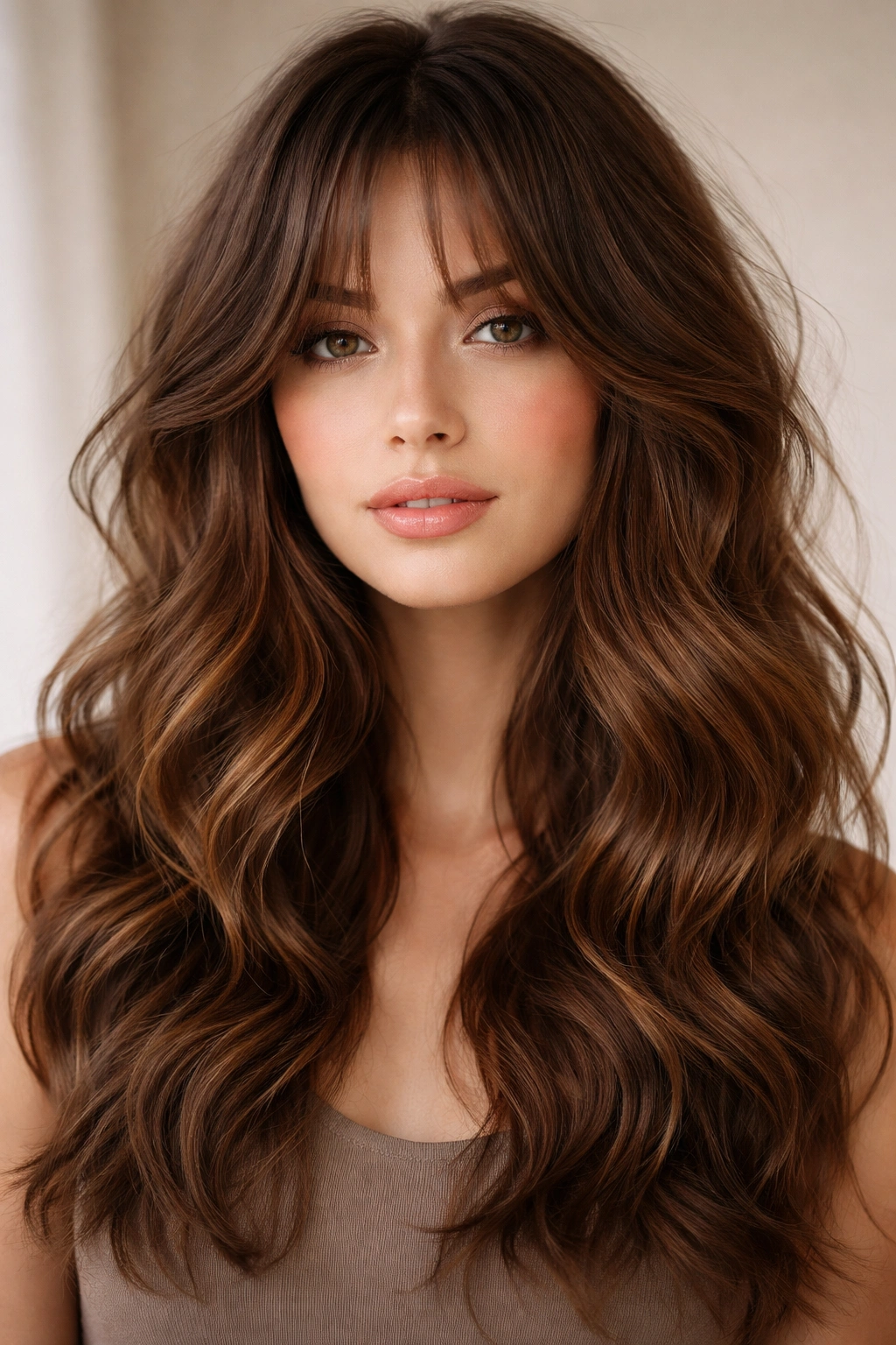 Close-up of thick wavy hair showing soft curtain bangs with separated piece-y strands