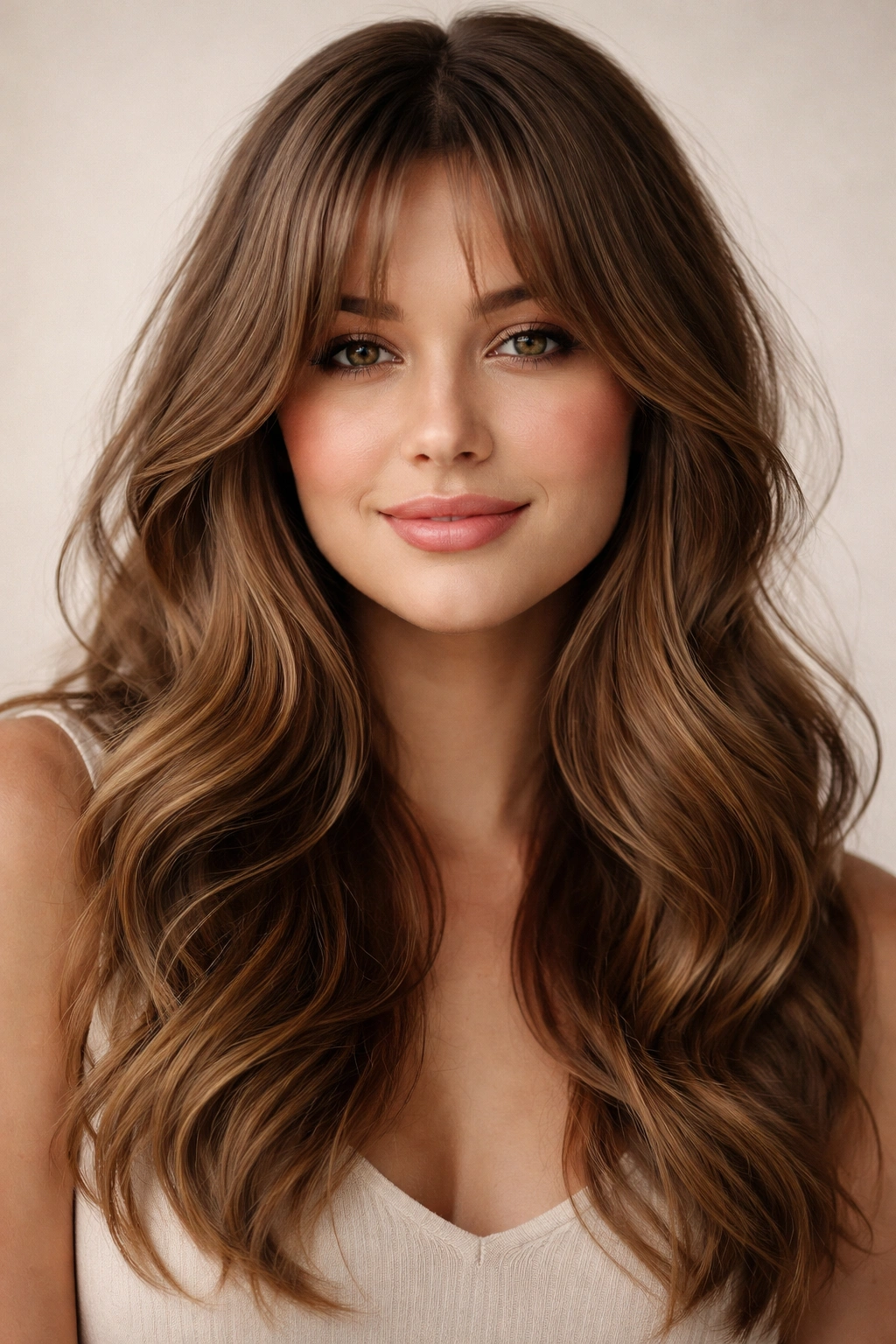 Close-up portrait showing soft curtain bangs and loose waves.